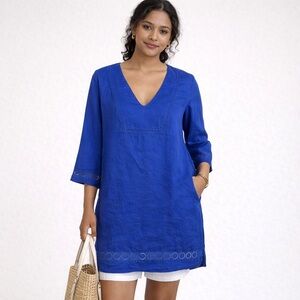 J.Crew Blue 100% Linen V-Neck Eyelet Tunic Dress Boho Coastal Medium